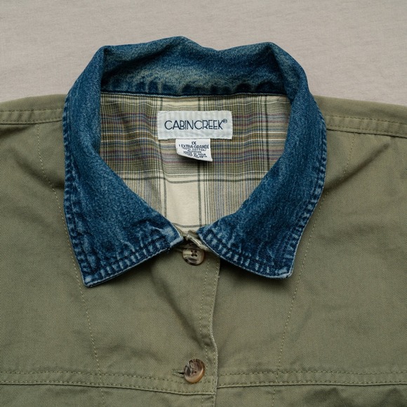 Vintage 80s 90s Olive Green Chore Barn Coat Denim Collar Flannel Lined Womans XL - Picture 4 of 6